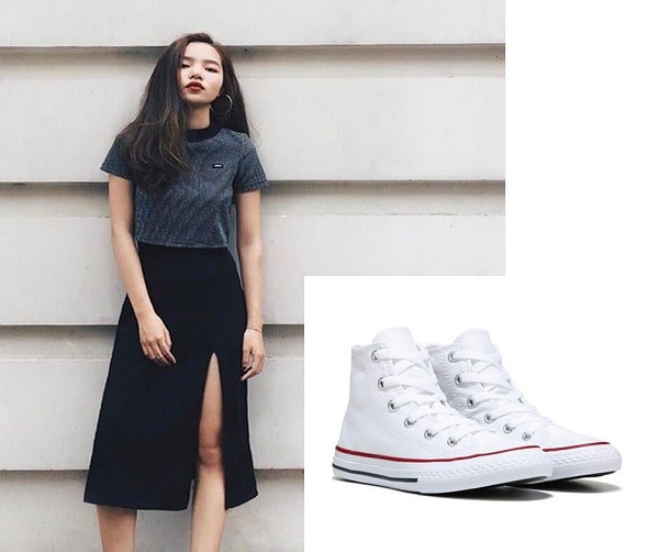 Cách mix giày converse cổ cao + áo sơ mi + quần tây dài